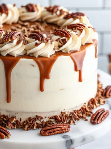 Soft and fluffy butter pecan cake with caramel sauce.