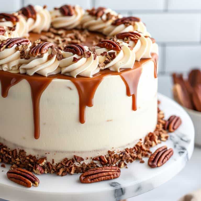 Soft and fluffy butter pecan cake with caramel sauce.