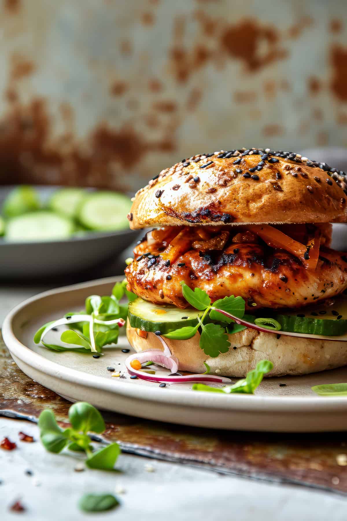 Grilled chicken burger with korean spices and sauce.