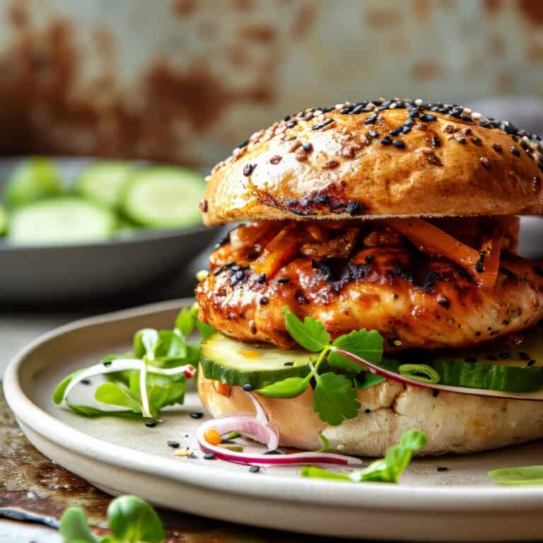 Grilled chicken burger with korean spices and sauce.