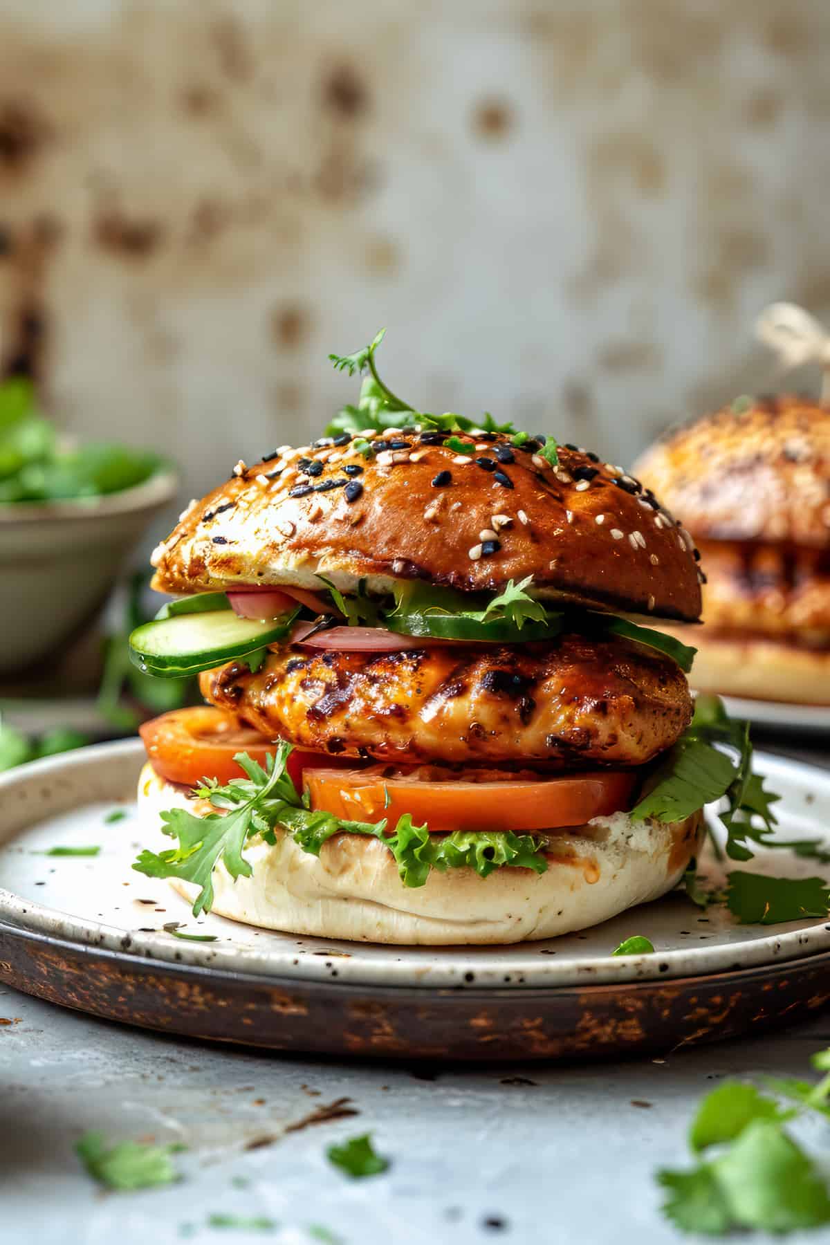 Grilled chicken burger with korean spices and sauce.