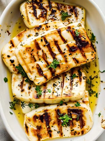Easy grilled halloumi with herbs and olive oil.