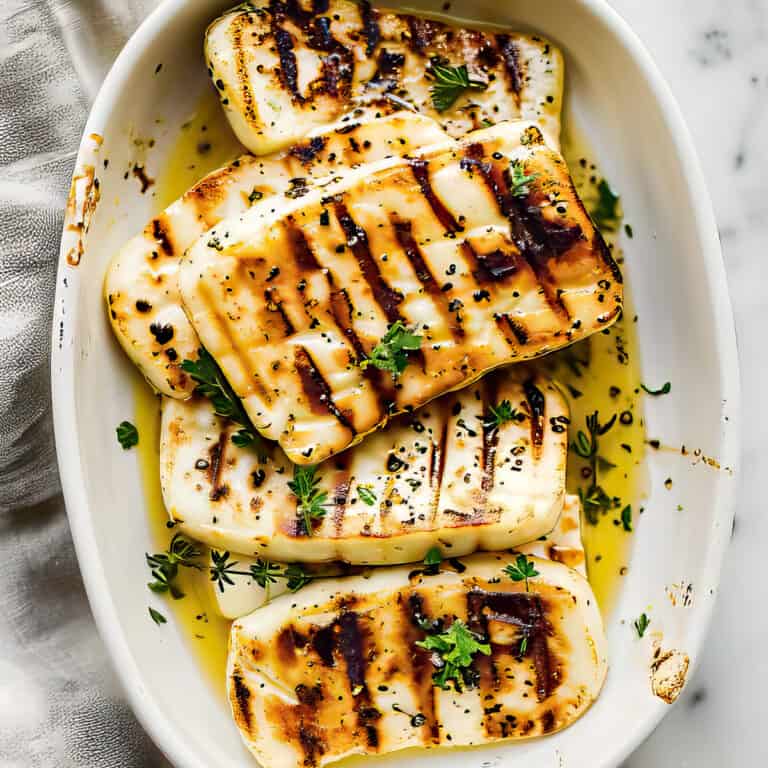 Easy grilled halloumi with herbs and olive oil.