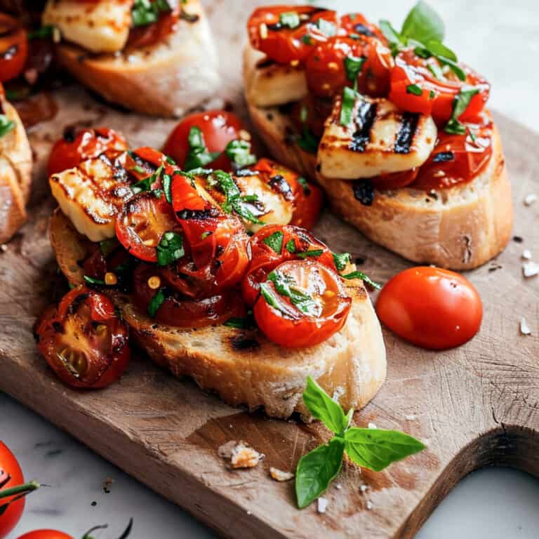 Easy bruschetta with halloumi on a wooden board.