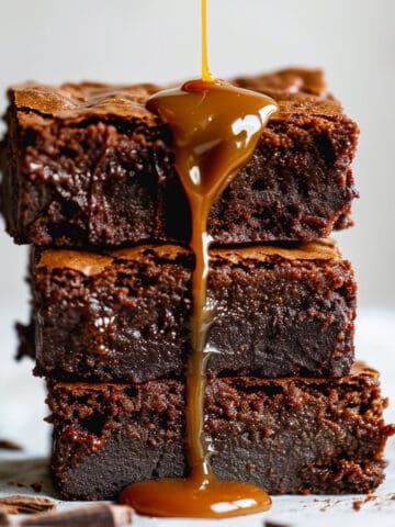 Homemade dark chocolate Brownies with caramel sauce.