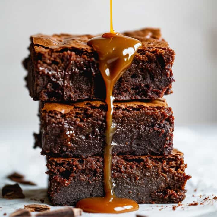 Homemade dark chocolate Brownies with caramel sauce.