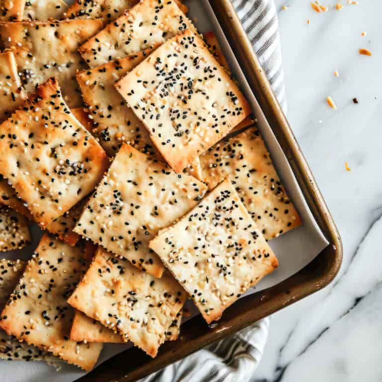Homemade flatbread crackers with seeds on a baking tray.