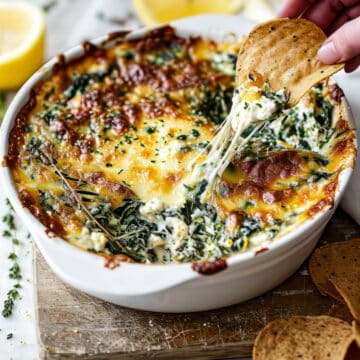 Hot spinach dip with lemon and chips in a white bowl.