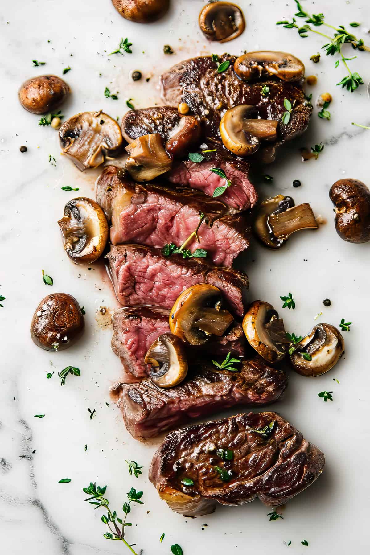 Cooked rib eye steak with mushrooms.