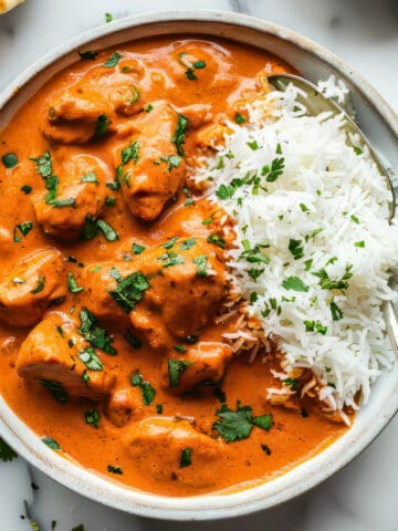 Indian butter chicken with rice in a white bowl.