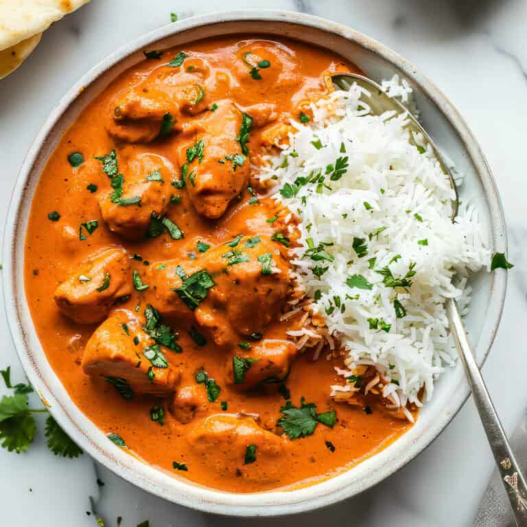 Indian butter chicken with rice in a white bowl.