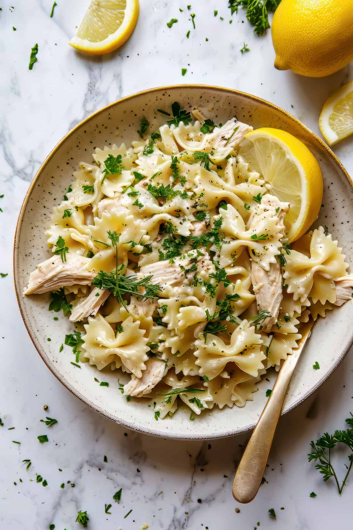 Easy Lemon Chicken Pasta Salad on a white bowl with herbs.