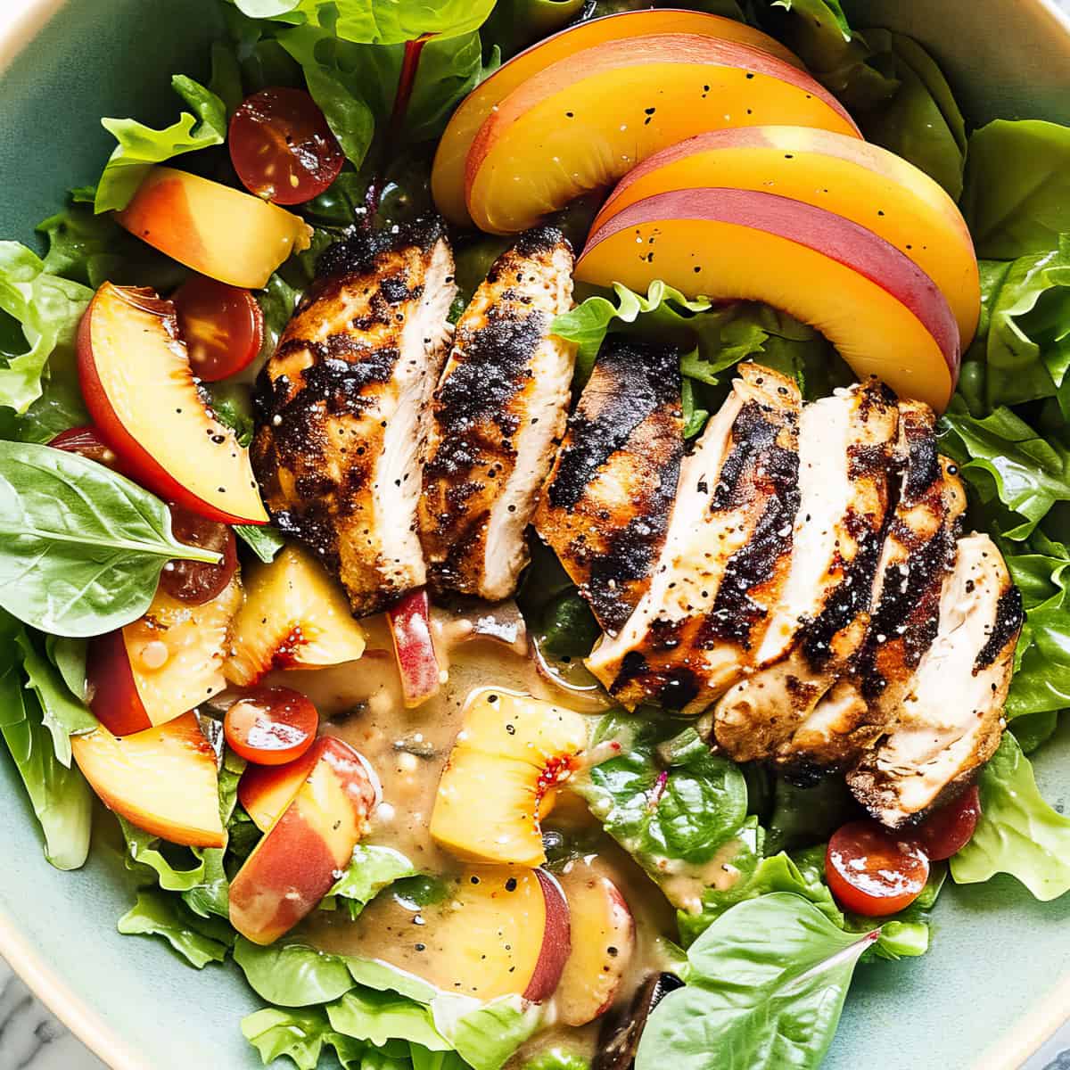 Maple chicken grilled with peaches and salad with vinaigrette dressing.