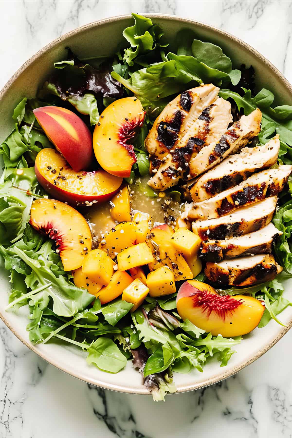 Maple chicken grilled with peaches and salad with vinaigrette dressing.