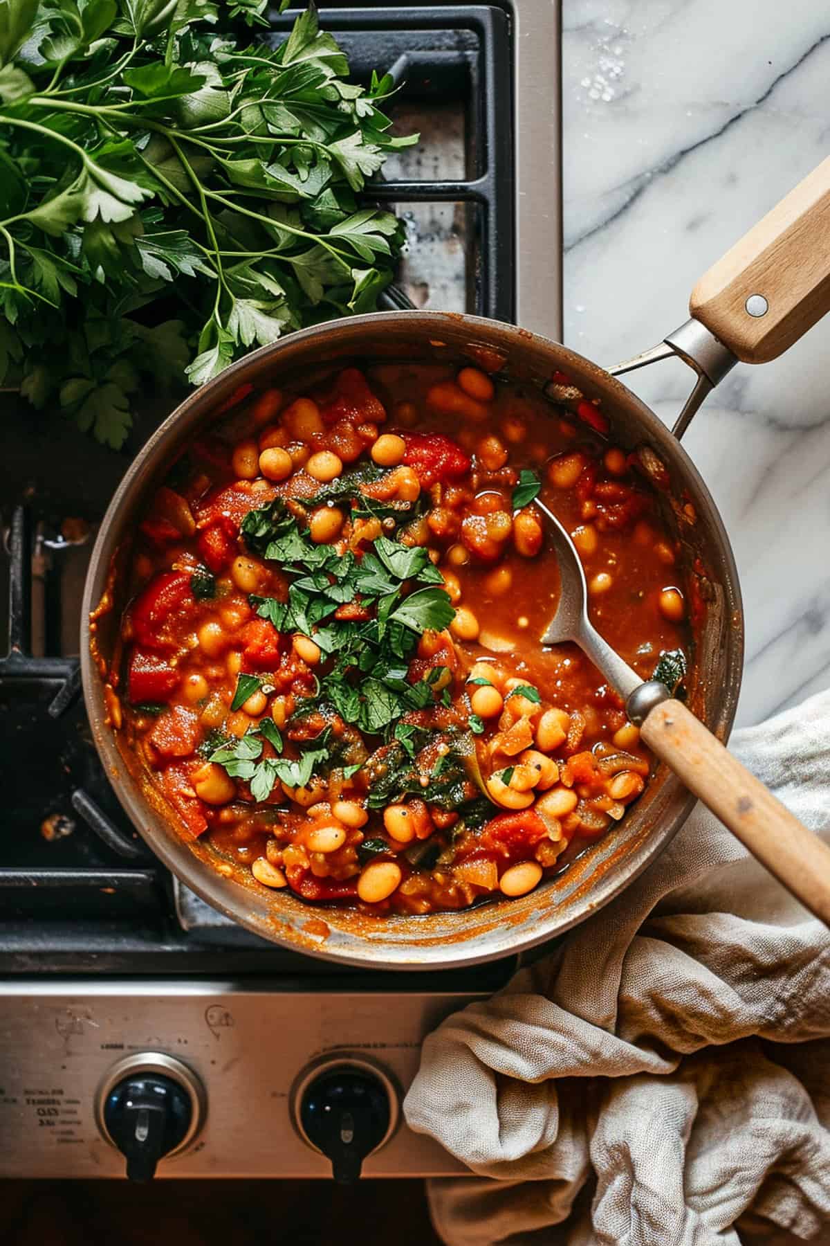 Smoky Moroccan bean stew with cilantro and tomatoes, cooking on the stove.