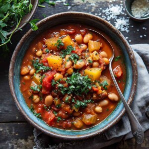Smoky Moroccan bean stew with cilantro and tomatoes in a blue bowl.