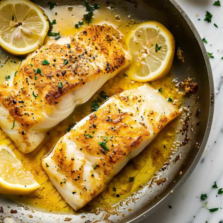 Pan fried cod with lemon butter sauce in a pan.