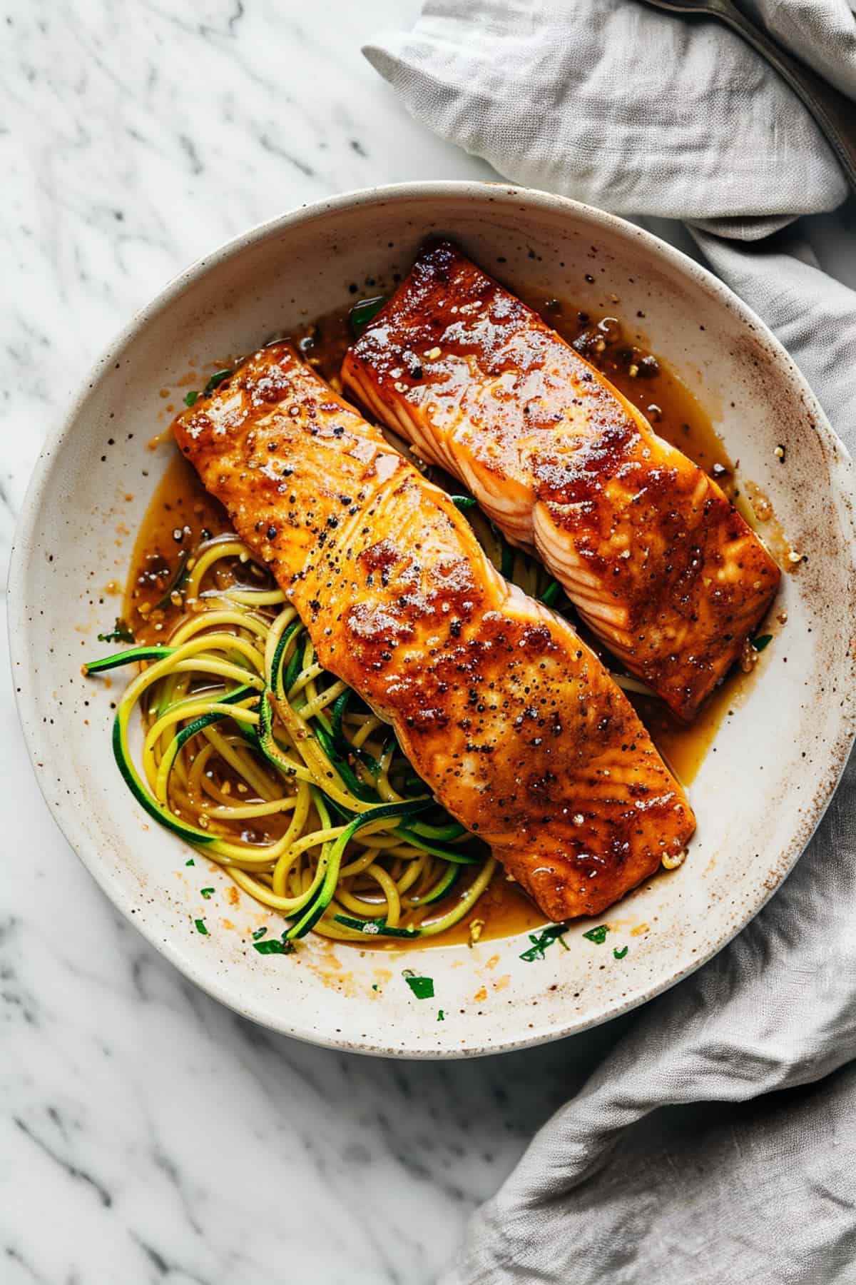 Maple glazed salmon in a pan with zucchini noodles.