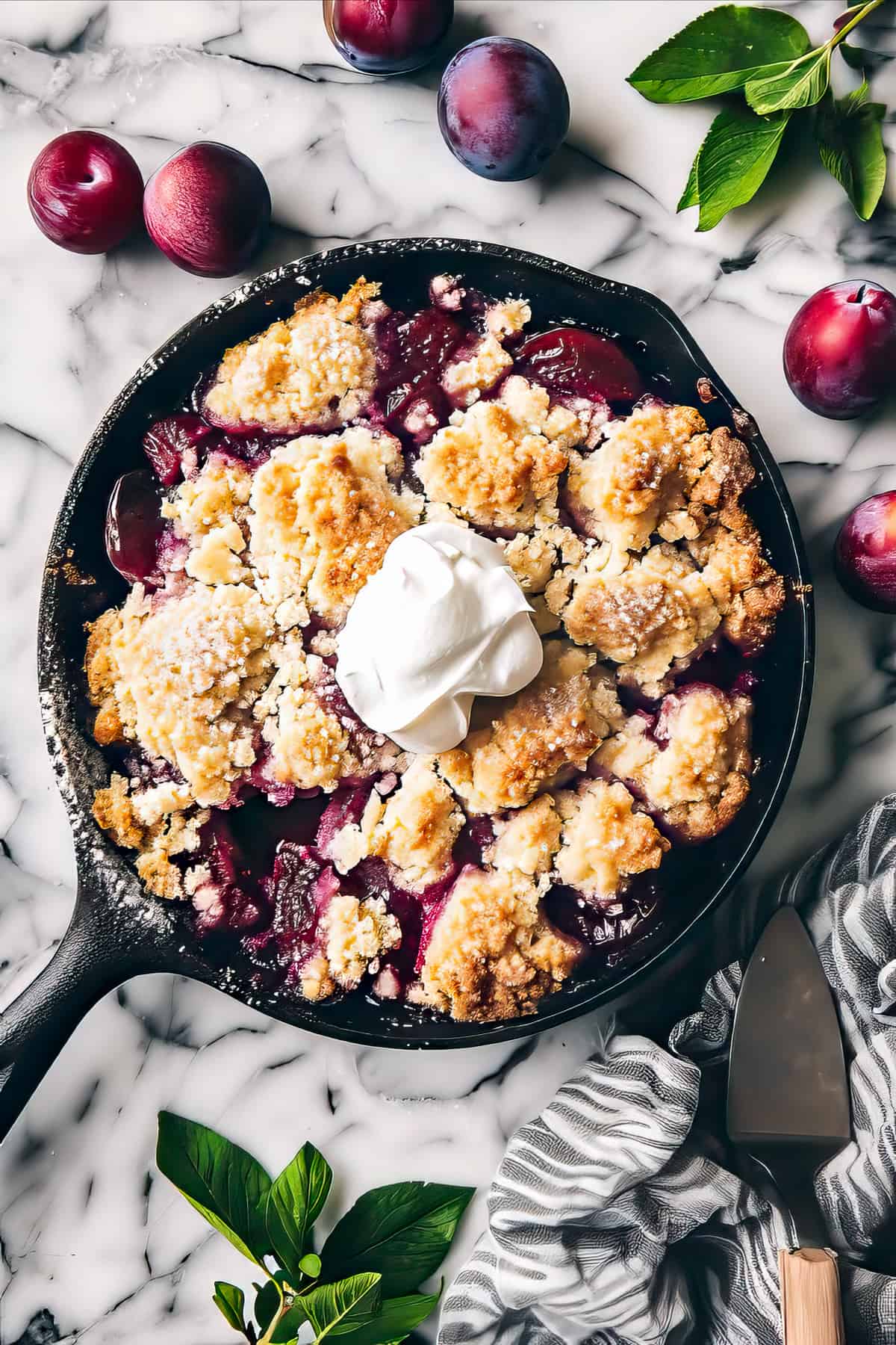 Plum cobbler in a skillet with whipped cream.