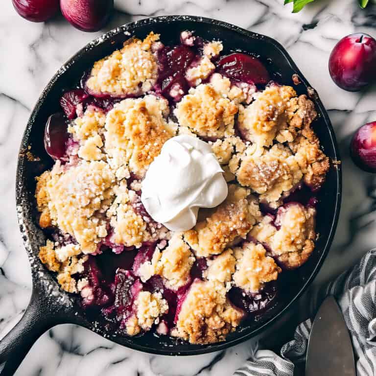 Plum cobbler in a skillet with whipped cream.