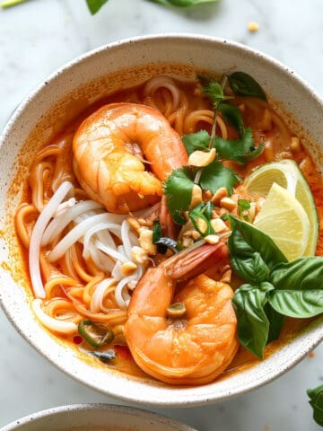Easy Thai coconut shrimp soup with noodles and lime.