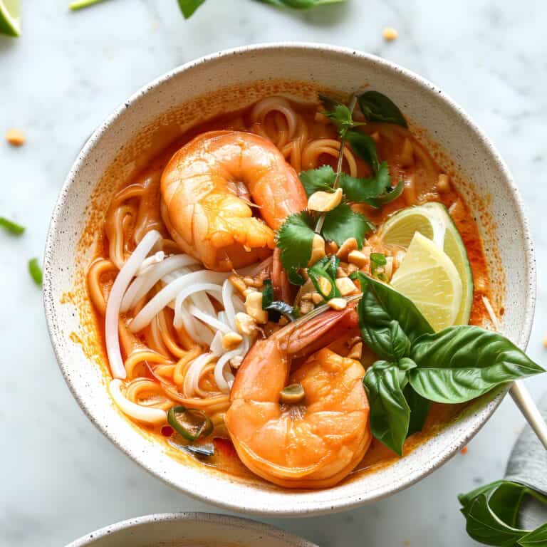 Easy Thai coconut shrimp soup with noodles and lime.