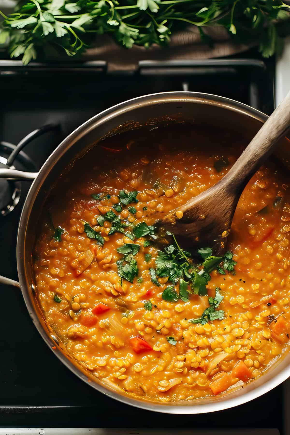 Red lentil curry with spinach and tomatoes in a pan simmering on the stove top.