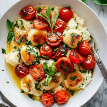 Fluffy ricotta gnocchi dumplings with roasted tomatoes and mozzarella cheese in a bowl.