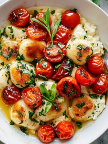 Fluffy ricotta gnocchi dumplings with roasted tomatoes and mozzarella cheese in a bowl.