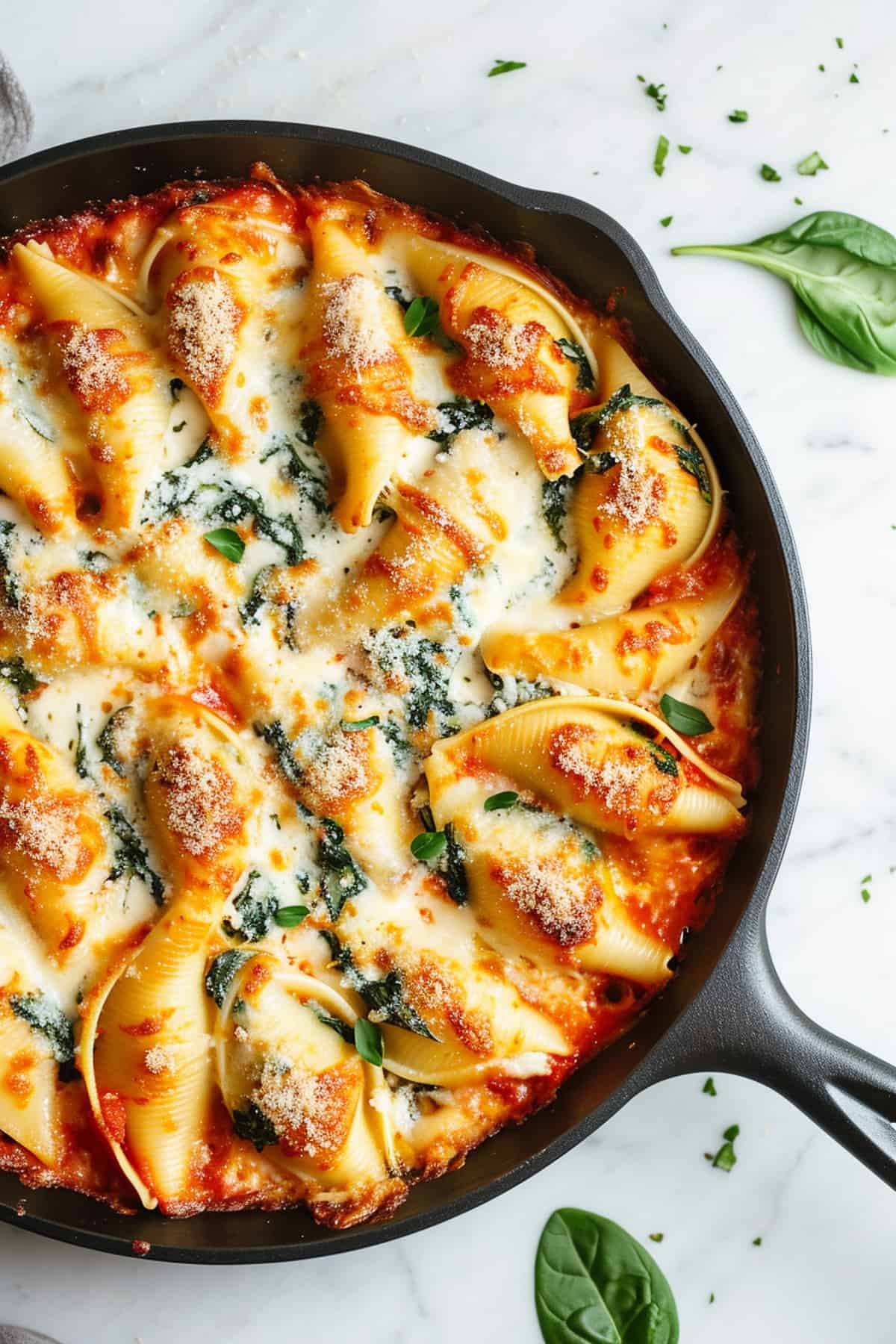 Spinach and ricotta stuffed shells in a skillet baked with cheese.