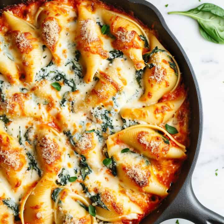 Spinach and ricotta stuffed shells in a skillet baked with cheese.
