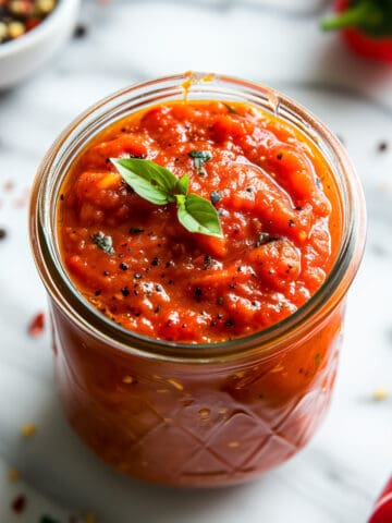 Homemade roasted red pepper sauce in a jar.
