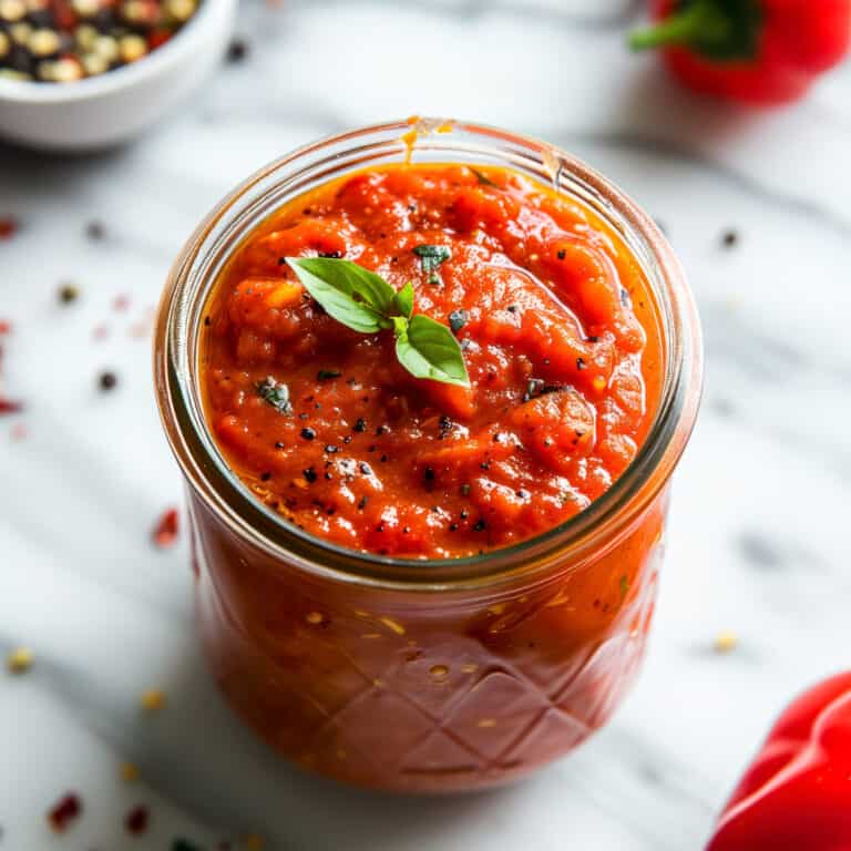 Homemade roasted red pepper sauce in a jar.