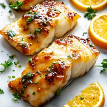 Easy sheet pan with citrus glaze.