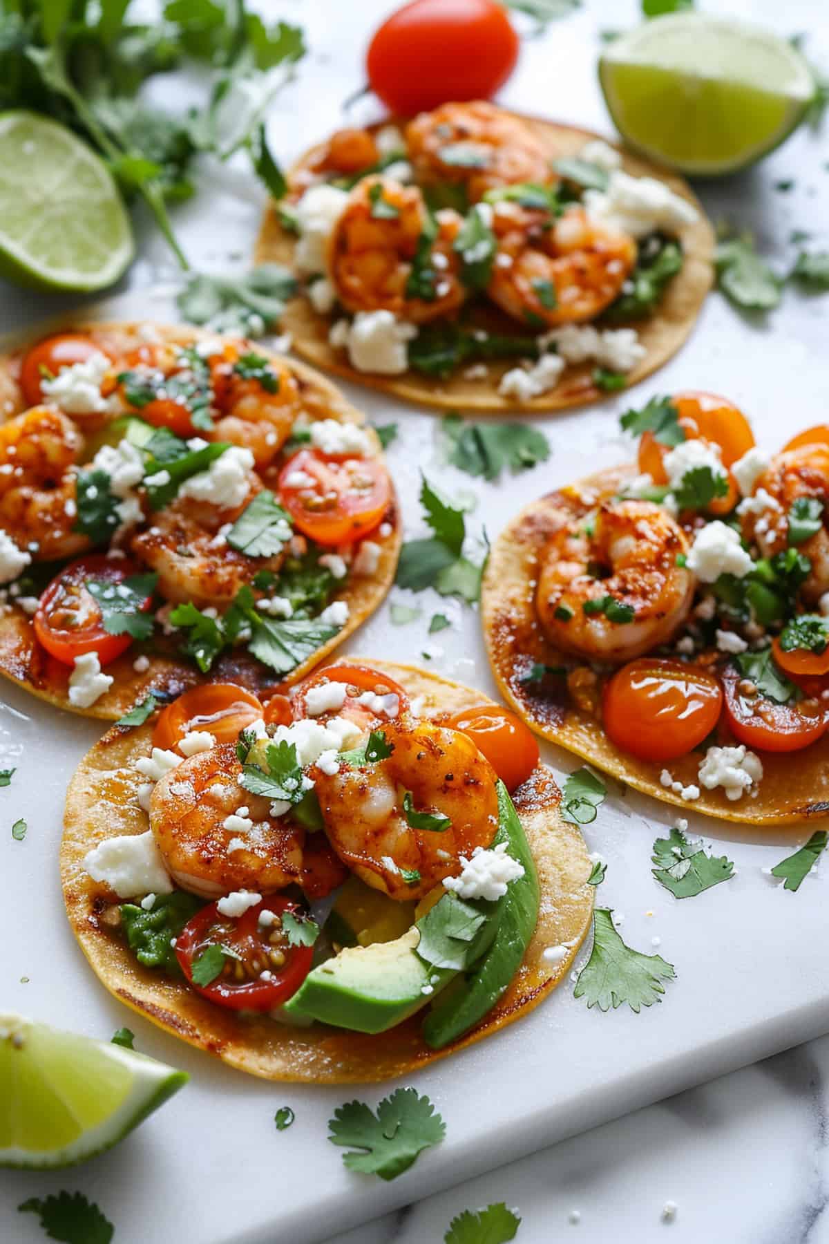 Shrimp tostadas with tomatoes, onions and avocado.