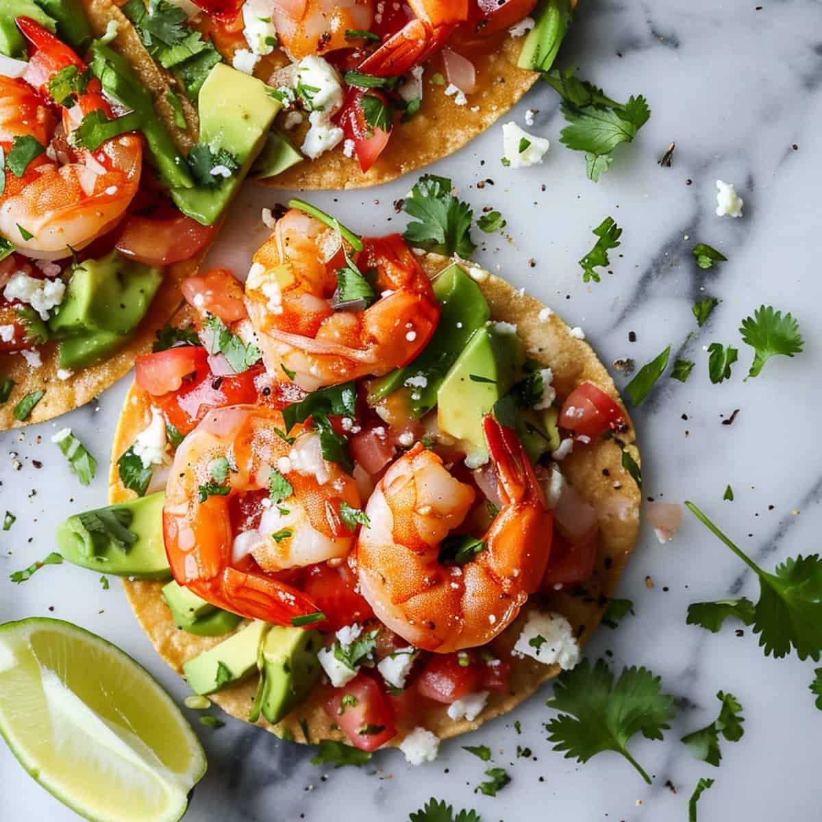 Shrimp tostadas with tomatoes, onions and avocado.