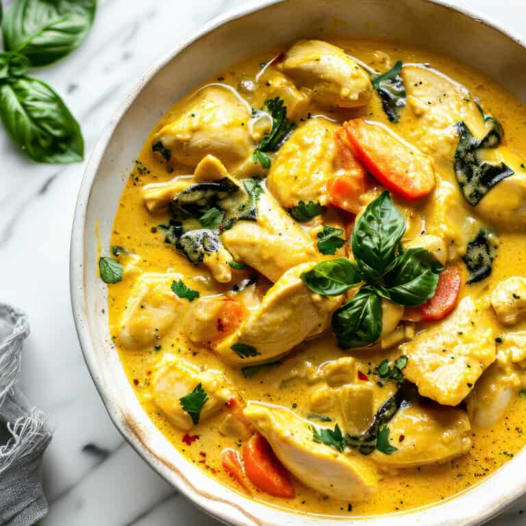 Easy Thai yellow chicken curry with rice and vegetables.
