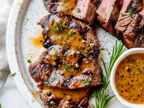 Grilled Sirloin with Peppercorn Whisky Sauce