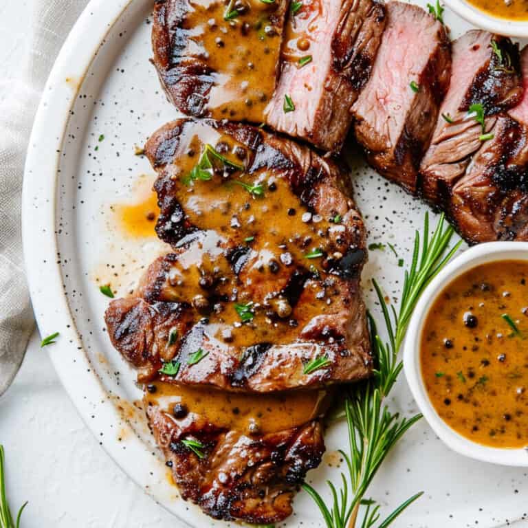 Seared sirloin steak with whisky peppercorn sauce on a white plate.