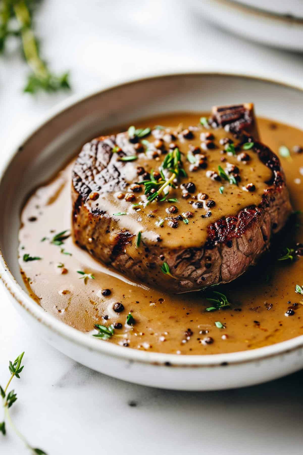 Seared sirloin steak with whisky peppercorn sauce in a white dish.