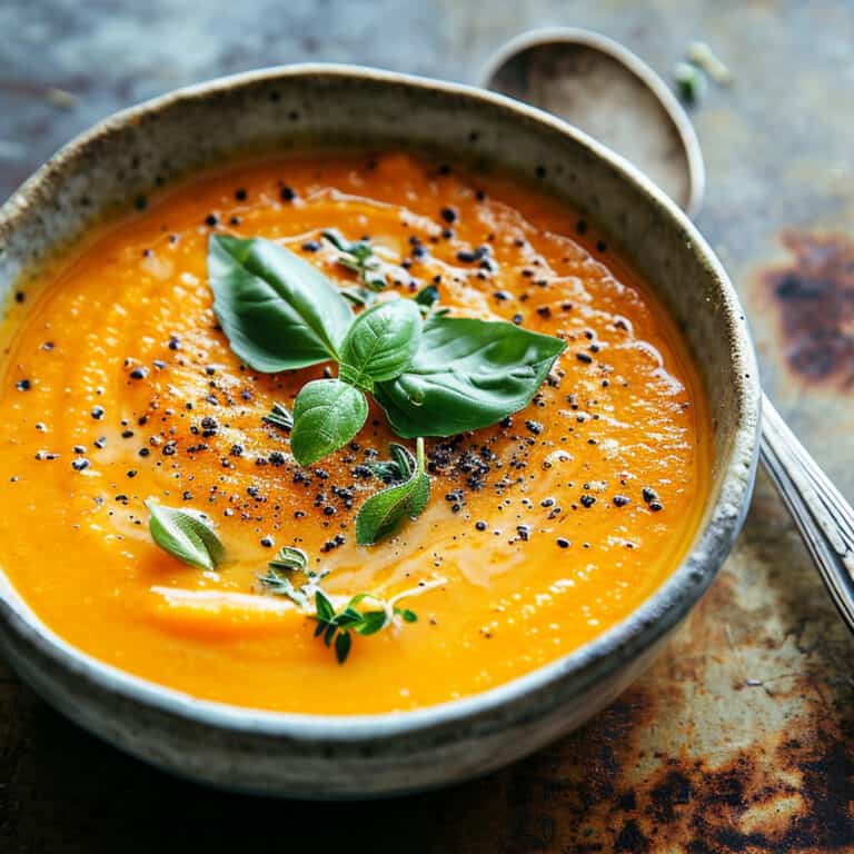 Spicy sweet potato soup with cream and black pepper.