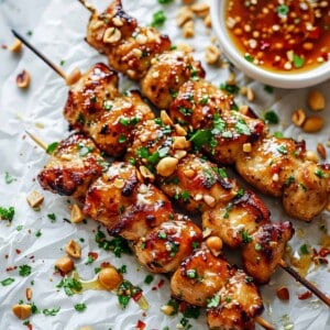 Sticky honey garlic chicken with peanuts and honey garlic sauce.