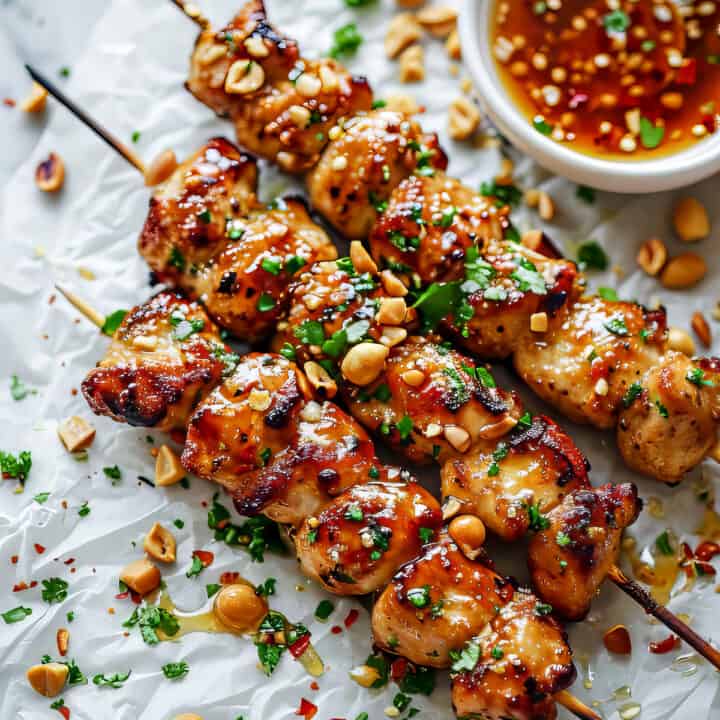 Sticky honey garlic chicken with peanuts and honey garlic sauce.