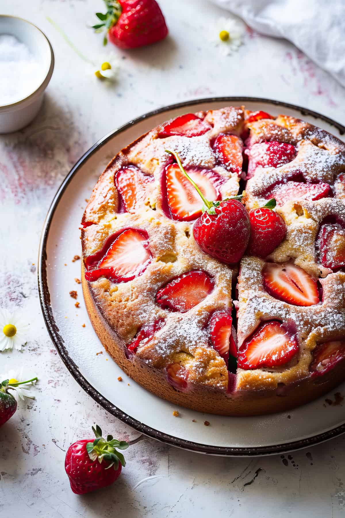 Easy strawberry cake on a white plate with icing sugar.