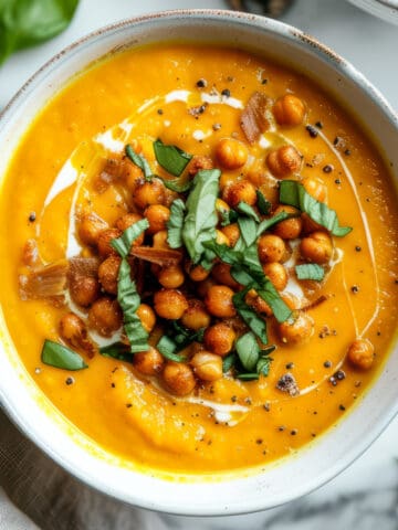 Sweet potato curry soup in a bowl with roasted chick peas and basil with coconut milk.