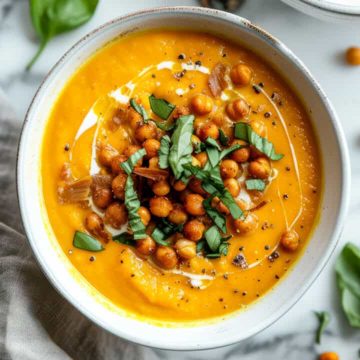Sweet potato curry soup in a bowl with roasted chick peas and basil with coconut milk.