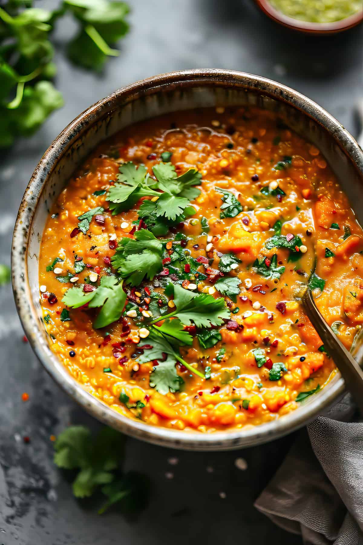 Sweet potato dhal with cilantro and red lentils in a bowl.