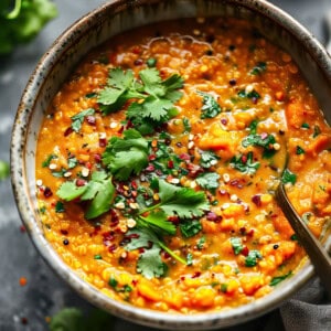 Sweet potato dhal with cilantro and red lentils in a bowl.