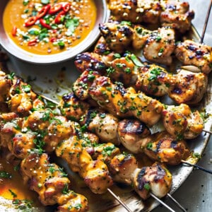 Thai grilled chicken skewers with peanut sauce and cilantro on a plate.
