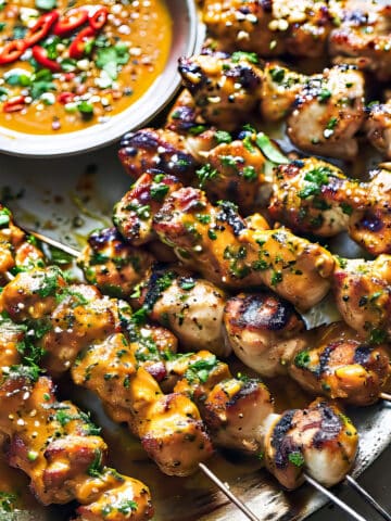 Thai grilled chicken skewers with peanut sauce and cilantro on a plate.